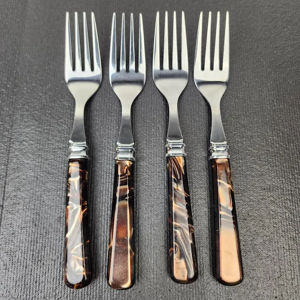 4 MIKASA Tortoise Handle Flatware Brown Acrylic Handle Desert Salad Forks 7